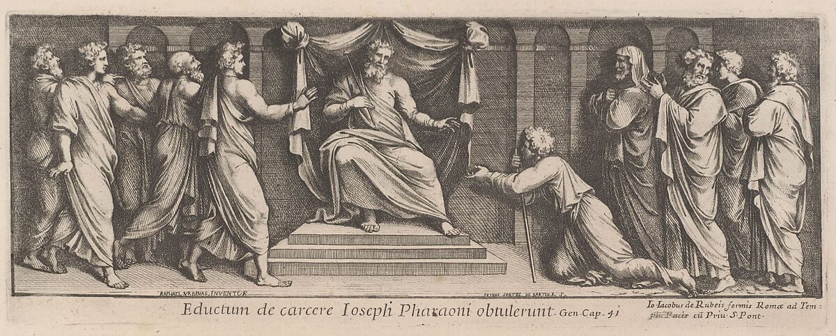 Joseph kneeling in front of the Pharoah, after Raphael's Stanza di Eliodoro, from a series of 15 plates, depicting Raphael's works for the Vatican stanze and the Sistine Chapel tapestries, Pietro Santi Bartoli (Italian, Perugia 1615–1700 Rome), Etching