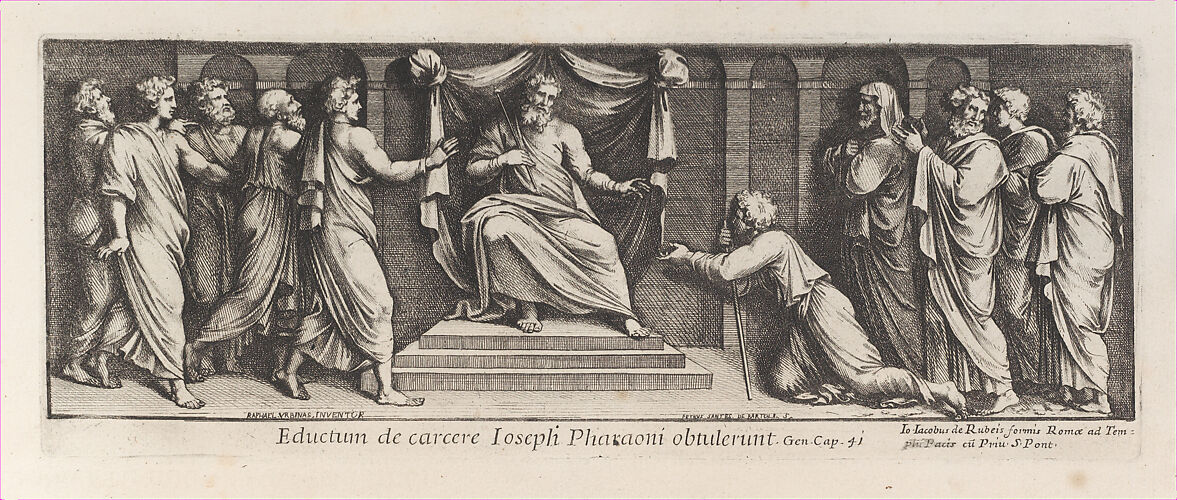 Joseph kneeling in front of the Pharoah, after Raphael's Stanza di Eliodoro, from a series of 15 plates, depicting Raphael's works for the Vatican stanze and the Sistine Chapel tapestries