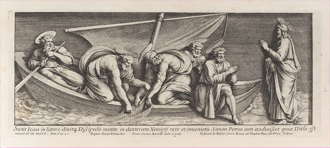 Christ speaking with Saint Peter, who kneels before him in adoration and with his hands joined in prayer, while the Apostles draw up their nets behind him, after Raphael's Stanza dell'incendio del Borgo, from a series of 15 plates, depicting Raphael's works for the Vatican stanze and the Sistine Chapel tapestries