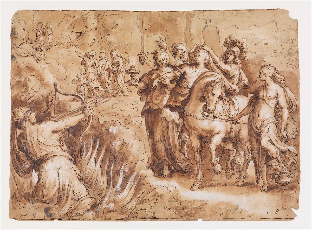 Allegory of the Course of Human Life (Choosing Virtue), Jan van der Straet, called Stradanus (Netherlandish, Bruges 1523–1605 Florence), Pen and brown ink, brush and brown wash, with heightening in opaque white; framing lines in pen and brown ink, by the artist 