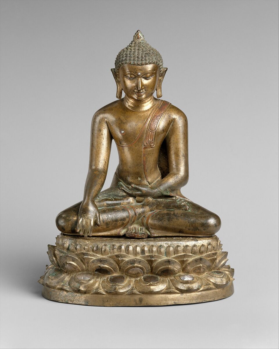 Seated Buddha with Double-Lotus Base, Bronze inlaid with silver and copper, Burma 