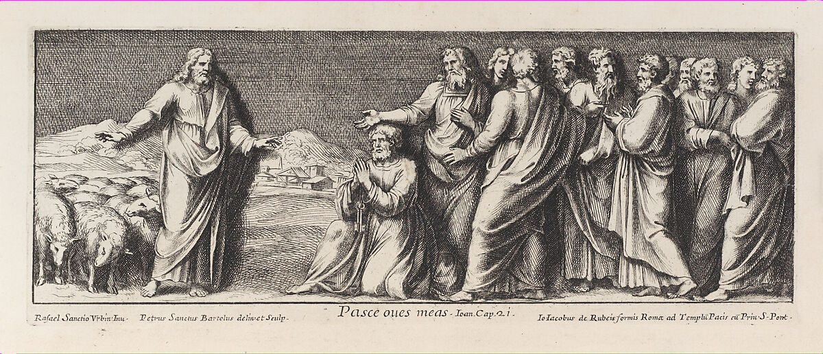 The naming of Saint Peter as Head of the Church, after Raphael's Stanza dell'incendio del Borgo, from a series of 15 plates, depicting Raphael's works for the Vatican stanze and the Sistine Chapel tapestries, Pietro Santi Bartoli (Italian, Perugia 1615–1700 Rome), Etching 