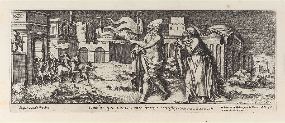 Christ appearing to Saint Peter after the Resurrection (Domine Quo Vadis), after Raphael's Stanza dell'incendio del Borgo, from a series of 15 plates, depicting Raphael's works for the Vatican stanze and the Sistine Chapel tapestries, Pietro Santi Bartoli (Italian, Perugia 1615–1700 Rome), Etching 