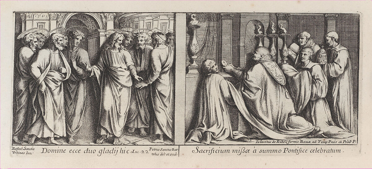 Two Biblical Scenes: The Apostles Showing Christ their Swords at left, after Raphael's Stanza della Segnatura and the Pope Celebrates Mass with Four Priests,after Raphael's Stanza di Eliodoro, from a series of 15 plates depicting Raphael's works for the Vatican stanze and the Sistine Chapel tapestries, Pietro Santi Bartoli (Italian, Perugia 1615–1700 Rome), Etching 