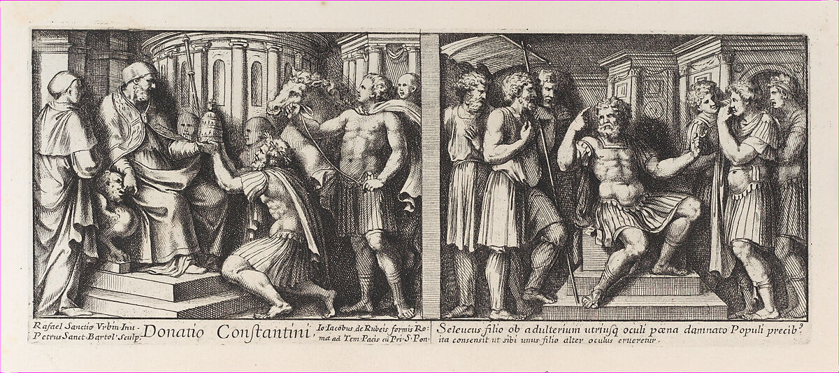 Two Biblical Scenes: Constantine donating the City of Rome to Pope Sylvester at left, after Raphael's Stanza di Eliodoro and The  Judgement of Seleucids at right, after Raphael's Stanza della Segnatura, from a series of 15 plates depicting Raphael's works for the Vatican stanze and the Sistine Chapel tapestries, Pietro Santi Bartoli (Italian, Perugia 1615–1700 Rome), Etching 