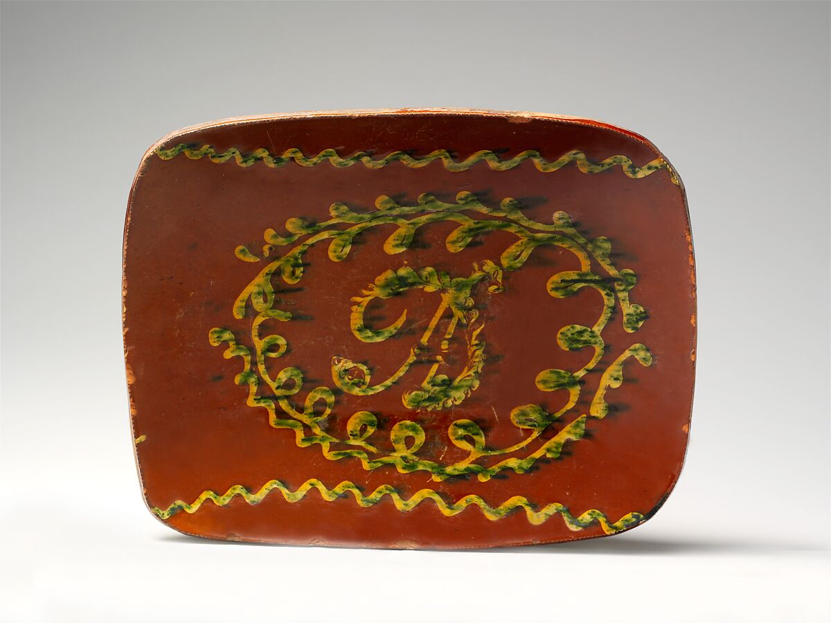 Dish, Absalmon Day (1770–1843), Earthenware; Redware with slip decoration, American 