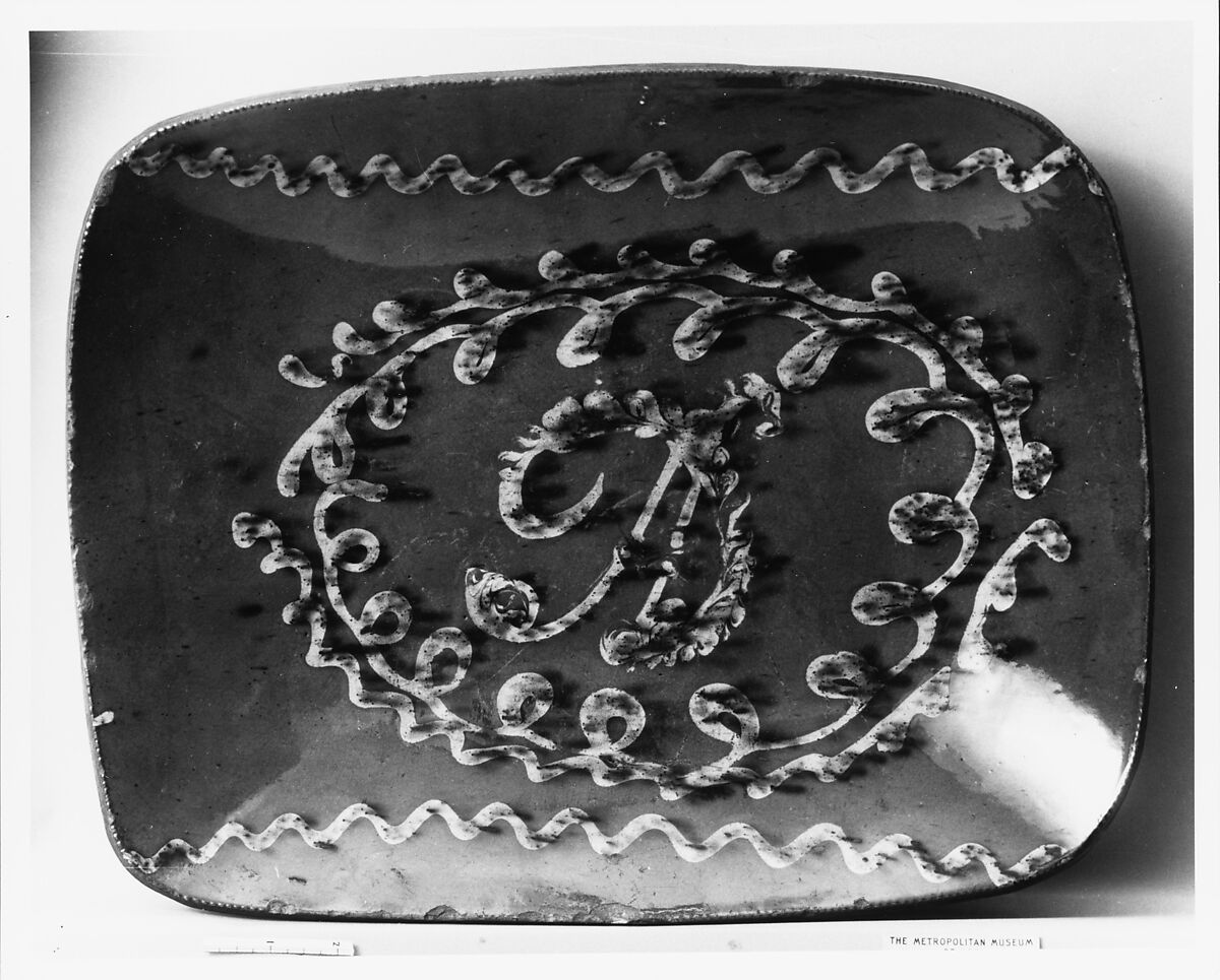 Dish, Absalmon Day (1770–1843), Earthenware; Redware with slip decoration, American