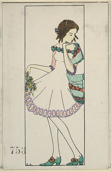 Girl with Bouquet of Flowers, Unknown, Color lithograph 