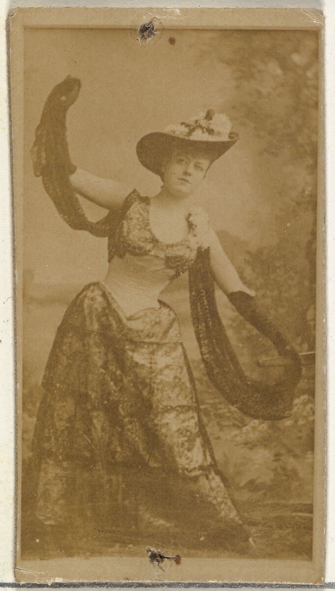 [Actress in full-length shows off ornate gown], from the Actors and Actresses series (N145-8) issued by Duke Sons & Co. to promote Duke Cigarettes, Issued by W. Duke, Sons &amp; Co. (New York and Durham, N.C.), Albumen photograph 