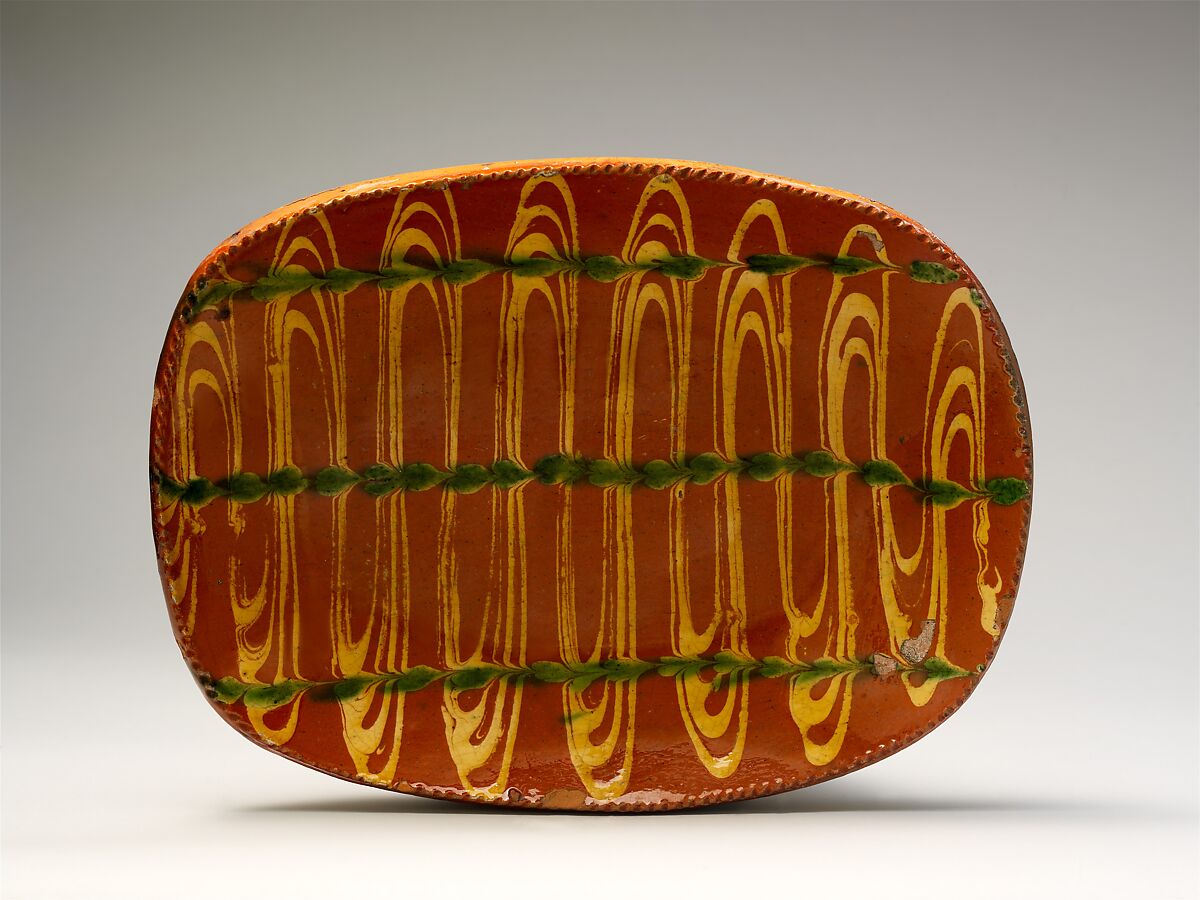 Plate, Earthenware; Redware with slip decoration, American 