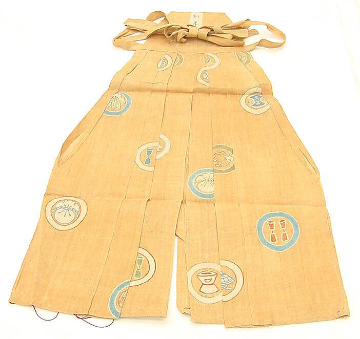 Trousers for kyōgen theatre, Resist-dyed and painted plain-weave bast fiber, probably ramie, Japan