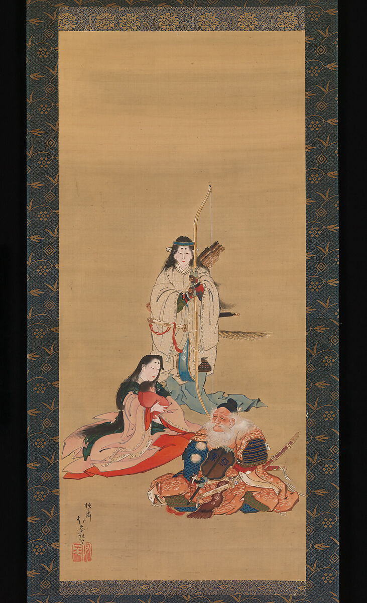 The Legendary Empress Jingū, Kōsai Hokushin 蛟斎北岑 (Japanese, 1824–1876), Hanging scroll; ink, color, and gold on silk, Japan 
