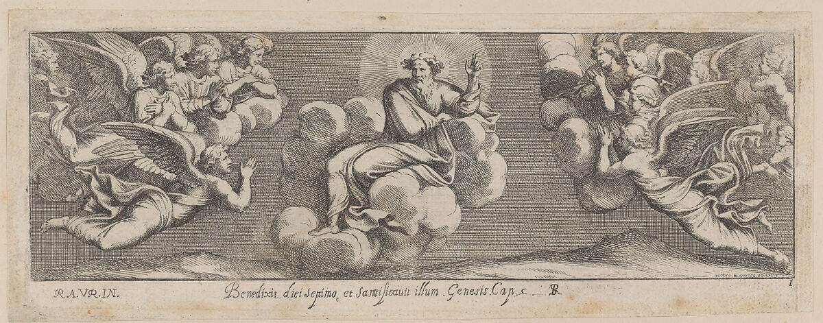 Plate 1: God Blessing on the Seventh Day, from Genesis Chapter 2, after a lost fresco in the basamento of Bay 1 of the Vatican Loggia, Pietro Santi Bartoli (Italian, Perugia 1615–1700 Rome), Etching 