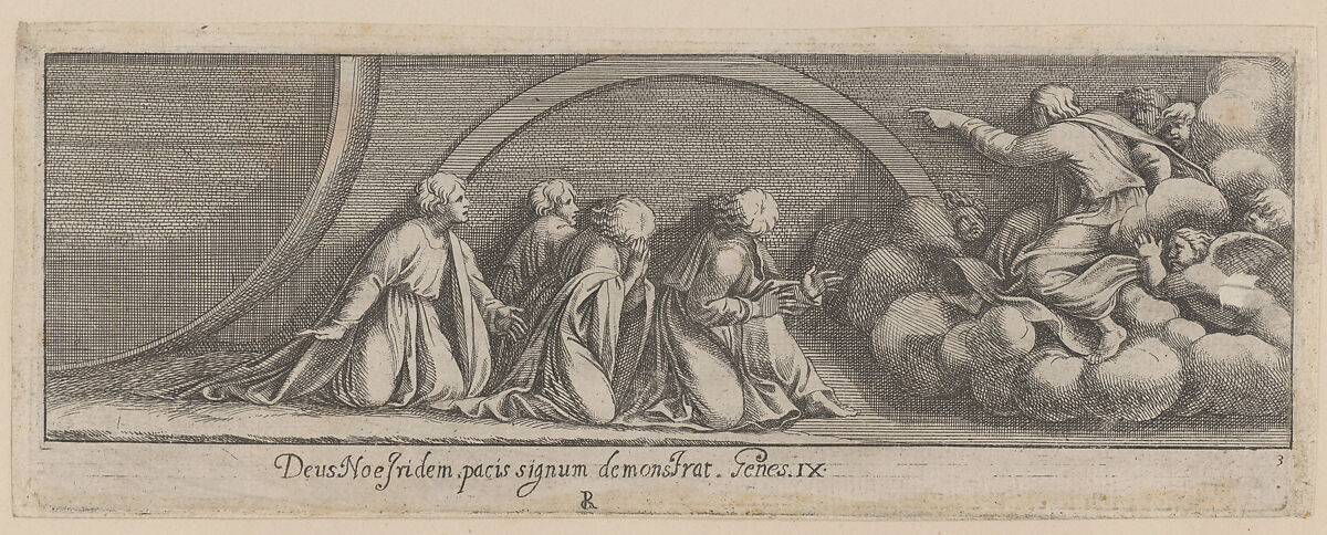 Plate 3: God Addressing Noah and his Sons, from Genesis Chapter 3, after a lost fresco in the basamento of Bay 13 of the Vatican Loggia, Pietro Santi Bartoli (Italian, Perugia 1615–1700 Rome), Etching 