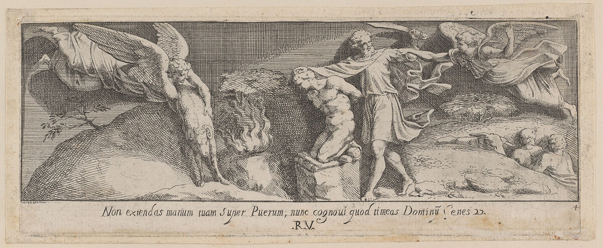 Plate 4: The Sacrifice of Abraham, from Genesis Chapter 22, after a lost fresco in the basamento of Bay 4 of the Vatican Loggia, Pietro Santi Bartoli (Italian, Perugia 1615–1700 Rome), Etching 