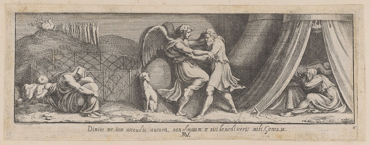Plate 6: Jacob Wrestling with the Angel, from Genesis 32, after a lost fresco in the basamento of Bay 6 of the Vatican Loggia, Pietro Santi Bartoli (Italian, Perugia 1615–1700 Rome), Etching 