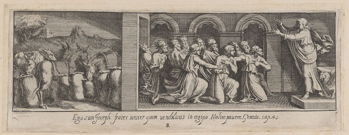 Plate 7: Joseph Making Himself Known to his Brothers, from Genesis 45, after a lost fresco in the basamento of Bay 7 of the Vatican Loggia, Pietro Santi Bartoli (Italian, Perugia 1615–1700 Rome), Etching 