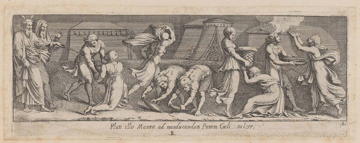 Plate 8: Israelites Collecting Manna, from Exodus 15 and 16, after a lost fresco in the basamento of Bay 8 of the Vatican Loggia, Pietro Santi Bartoli (Italian, Perugia 1615–1700 Rome), Etching 