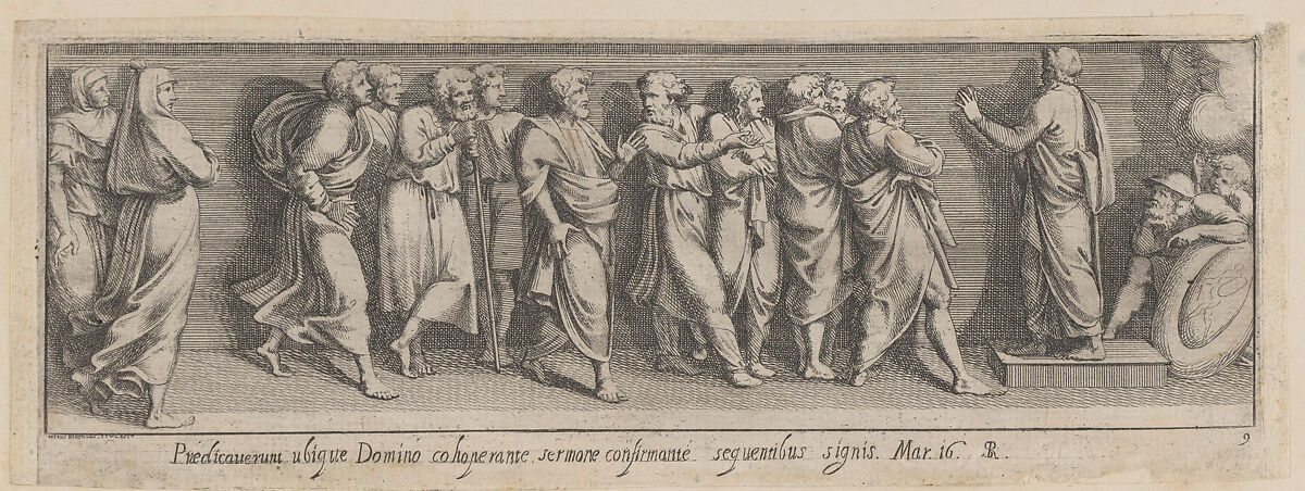 Plate 9: Joshua, standing at right, speaks to the people of Israel, after a lost fresco in the basamento of Bay 10 of the Vatican Loggia, Pietro Santi Bartoli (Italian, Perugia 1615–1700 Rome), Etching 