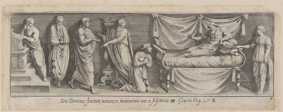 Plate 11: Bathsheba interceding with David for Solomon, from Genesis 27, after a lost fresco in the basamento of Bay 11 of the Vatican Loggia, Pietro Santi Bartoli (Italian, Perugia 1615–1700 Rome), Etching 