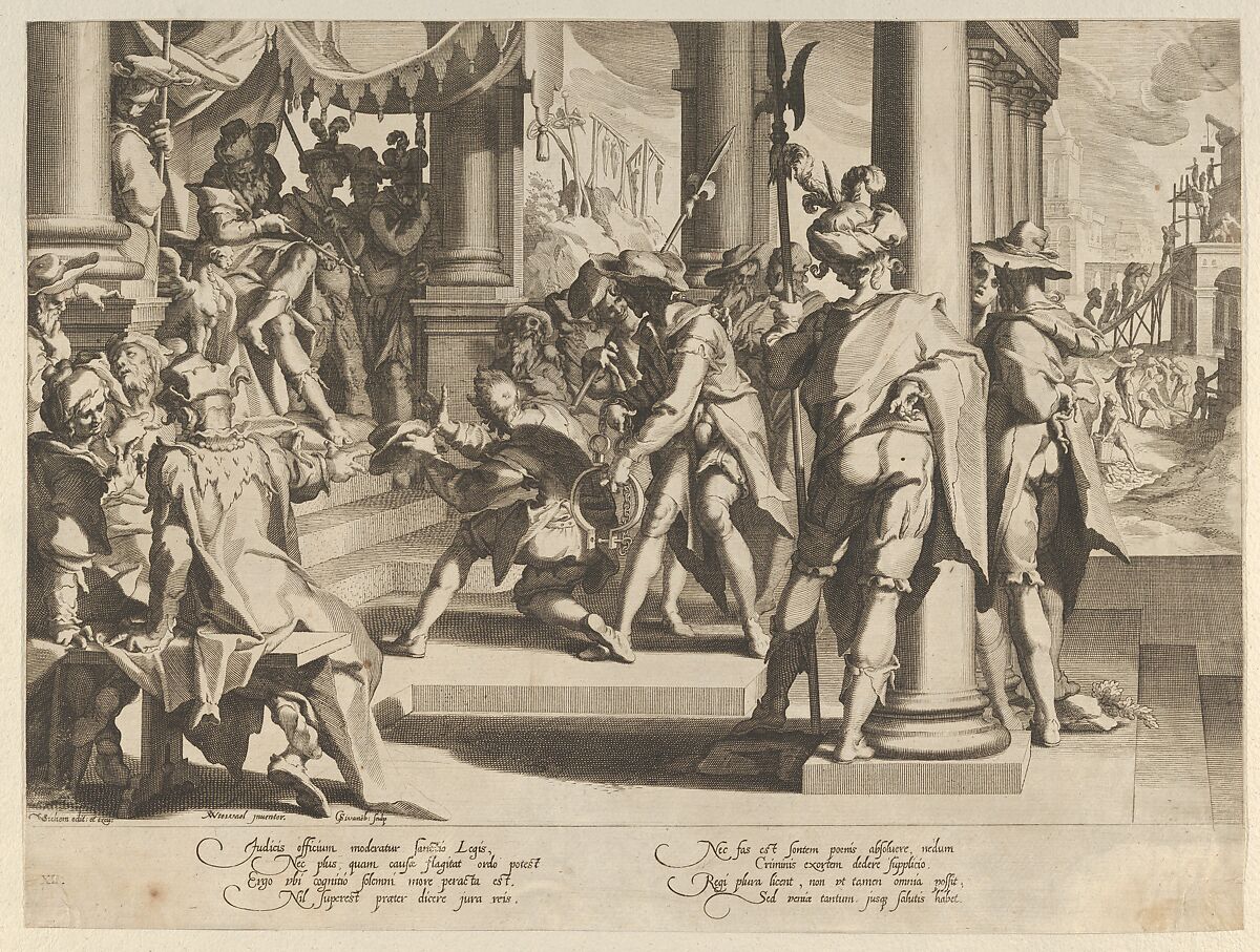 Allegory of Justice (Sanctity of the Law) with a court scene depicting a man being pardoned by a judge, from Thronus Justitiae, tredecim pulcherrimus tabulis..., plate 12, Willem van Swanenburg (Netherlandish, ca. 1581/82–1612), Engraving 