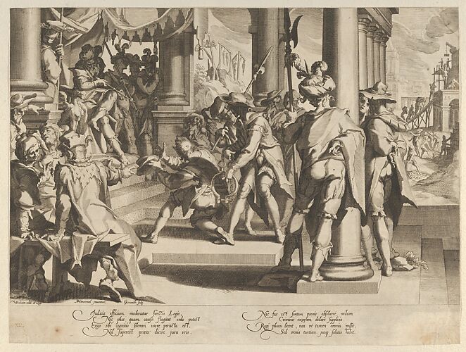 Allegory of Justice (Sanctity of the Law) with a court scene depicting a man being pardoned by a judge, from Thronus Justitiae, tredecim pulcherrimus tabulis..., plate 12