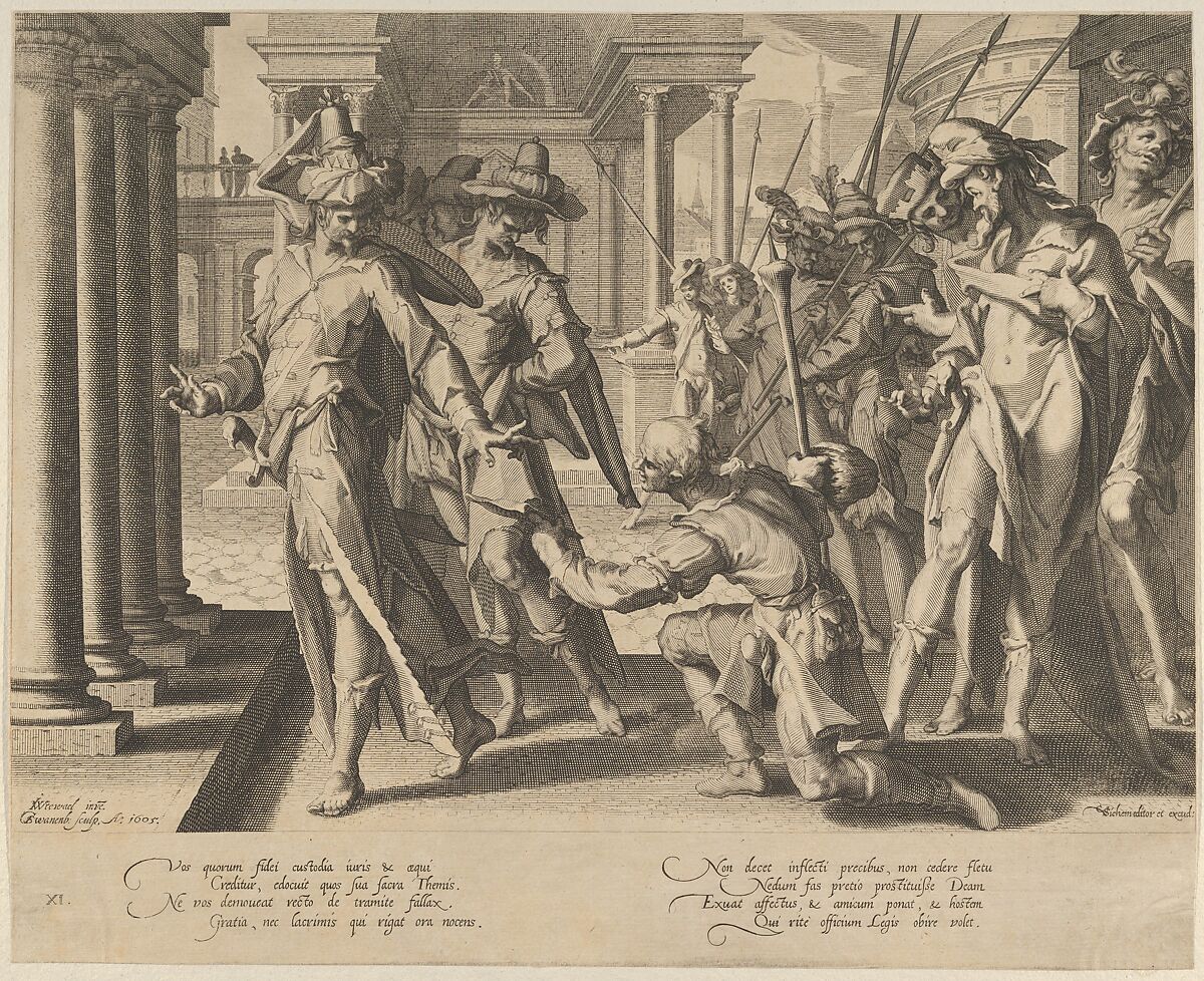 Allegory of Justice depicting a street scene with a shepherd giving a sheet of paper to a judge at left, who rejects it, from Thronus Justitiae, tredecim pulcherrimus tabulis..., plate 11, Willem van Swanenburg (Netherlandish, ca. 1581/82–1612), Engraving 