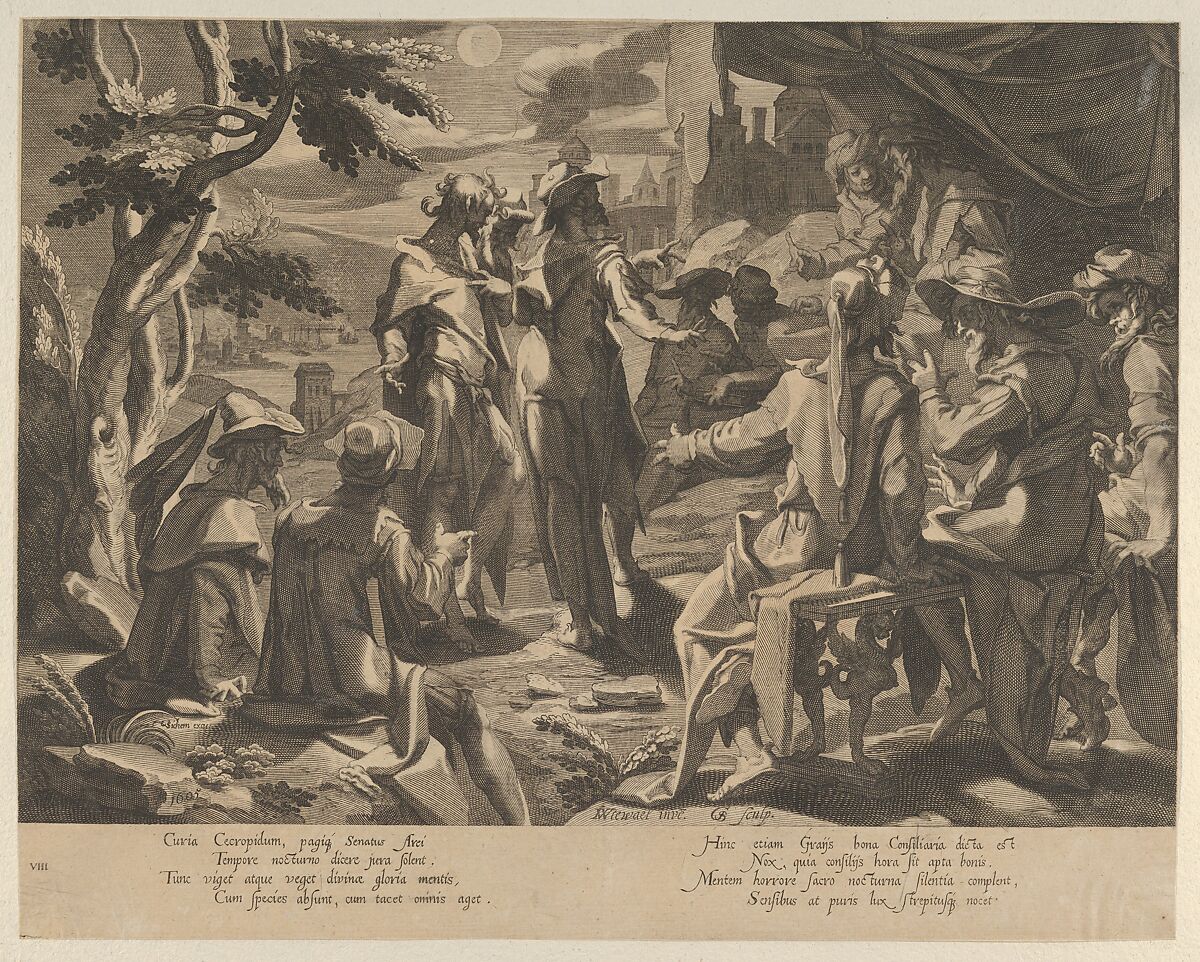 A Moonlit scene depicting the Areopagite judged of Athens, from Thronus Justitiae, tredecim pulcherrimus tabulis..., plate 8, Willem van Swanenburg (Netherlandish, ca. 1581/82–1612), Engraving 