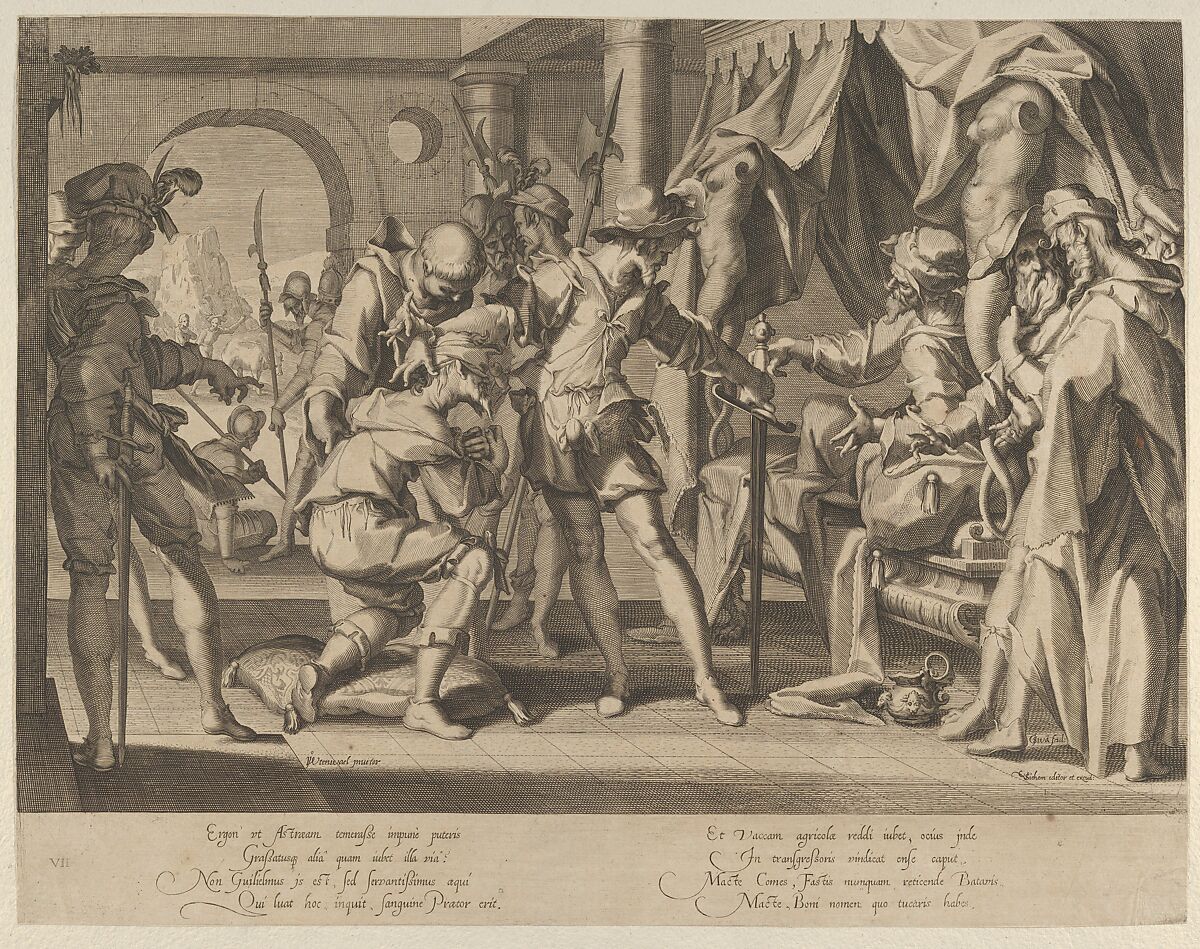 Count William III of Holland Permitting the Beheading of his Baliff, from Thronus Justitiae, tredecim pulcherrimus tabulis..., plate 7, Willem van Swanenburg (Netherlandish, ca. 1581/82–1612), Engraving 