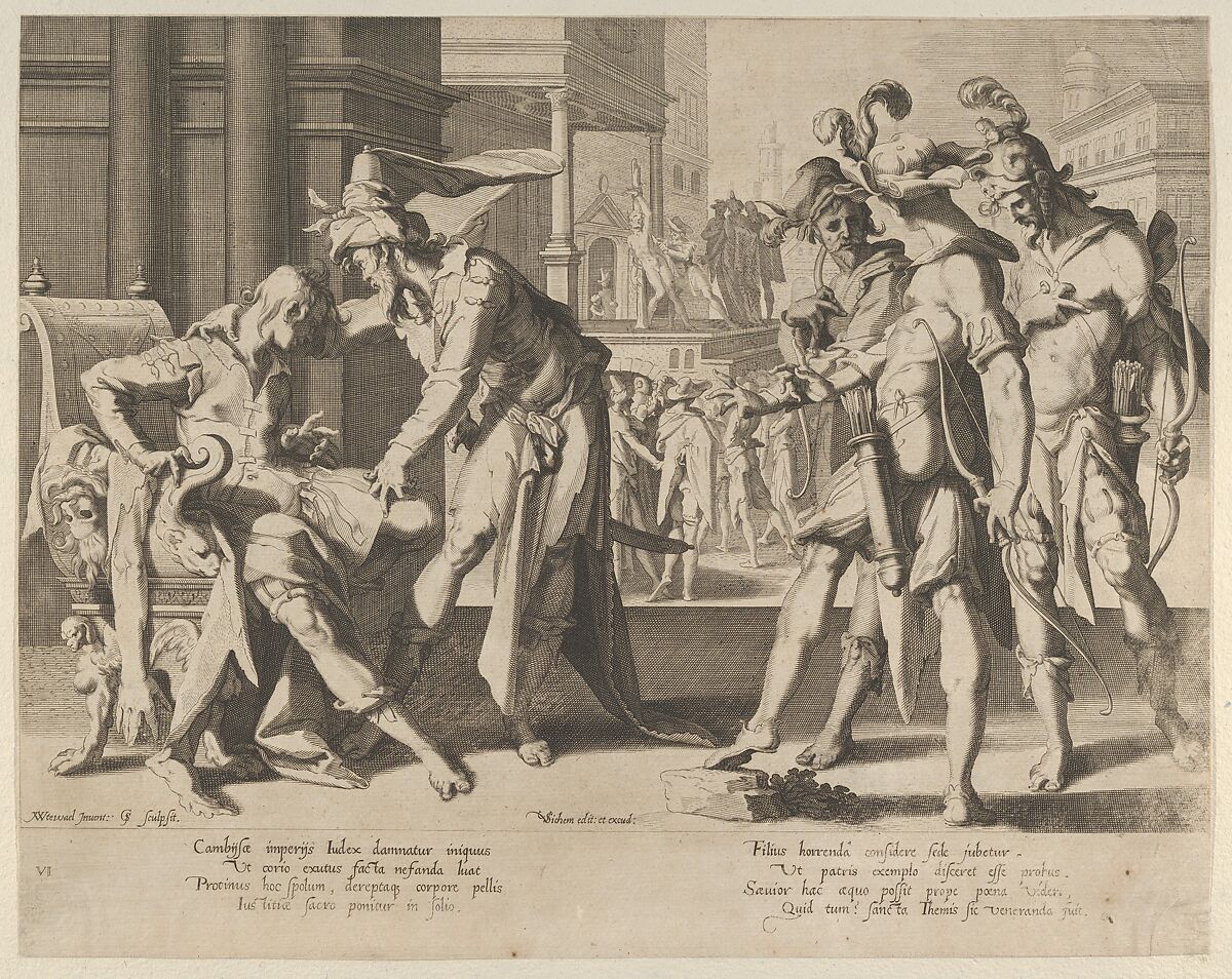 Cambyses Commanding the Flaying of the Judge Sisamnes, from Thronus Justitiae, tredecim pulcherrimus tabulis..., plate 6, Willem van Swanenburg (Netherlandish, ca. 1581/82–1612), Engraving 