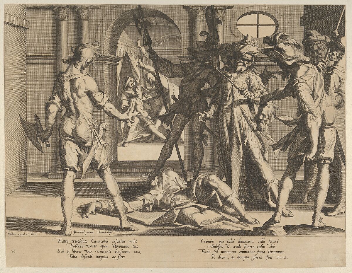 The Behading of the Roman Judge Papinian, from Thronus Justitiae, tredecim pulcherrimus tabulis..., plate 5, Willem van Swanenburg (Netherlandish, ca. 1581/82–1612), Engraving 