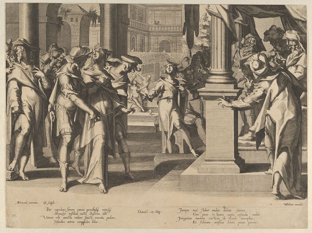 Susanna before Daniel, from Thronus Justitiae, tredecim pulcherrimus tabulis..., plate 3, Willem van Swanenburg (Netherlandish, ca. 1581/82–1612), Engraving 