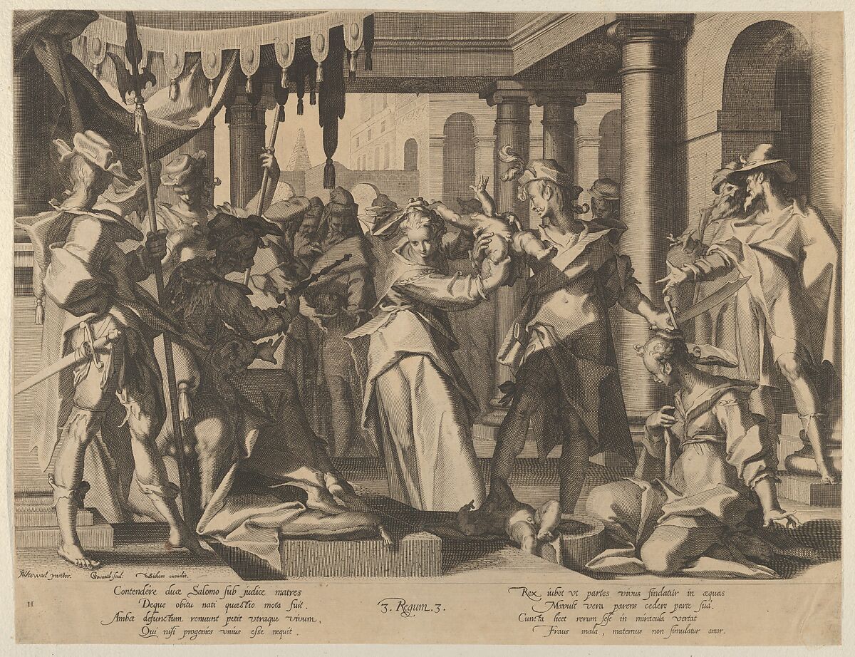 Judgment of Solomon, from Thronus Justitiae, tredecim pulcherrimus tabulis..., plate 2, Willem van Swanenburg (Netherlandish, ca. 1581/82–1612), Engraving 