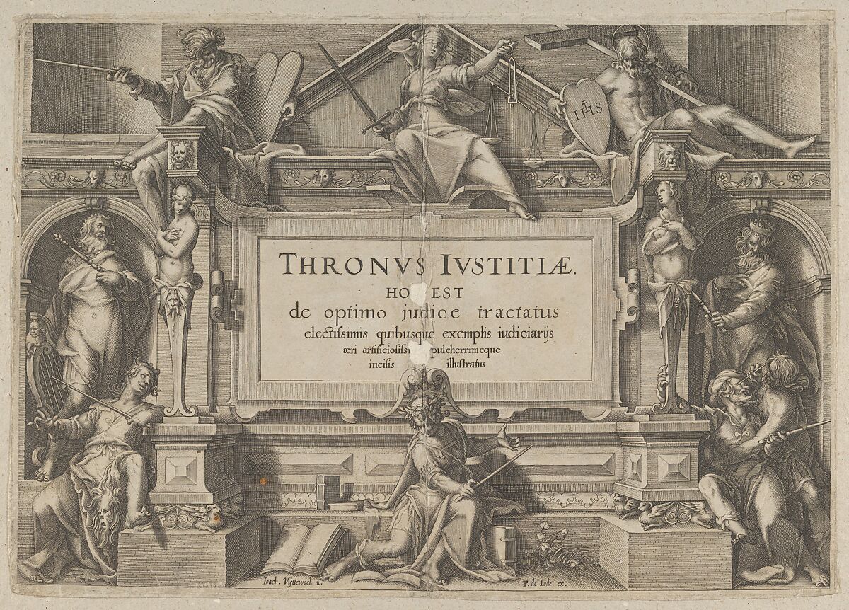 Title Page Set in an Architectural Frame with Allegorical figures and Christ, from Thronus Justitiae, tredecim pulcherrimus tabulis..., Willem van Swanenburg (Netherlandish, ca. 1581/82–1612), Engraving 