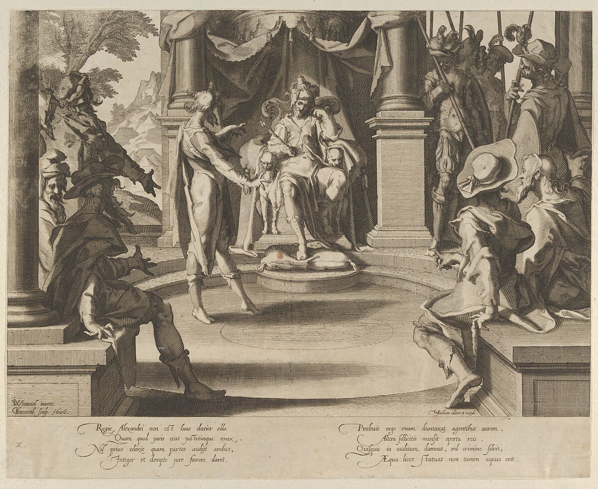 Alexander the Great as a Judge, from Thronus Justitiae, tredecim pulcherrimus tabulis..., plate 10, Willem van Swanenburg (Netherlandish, ca. 1581/82–1612), Engraving 