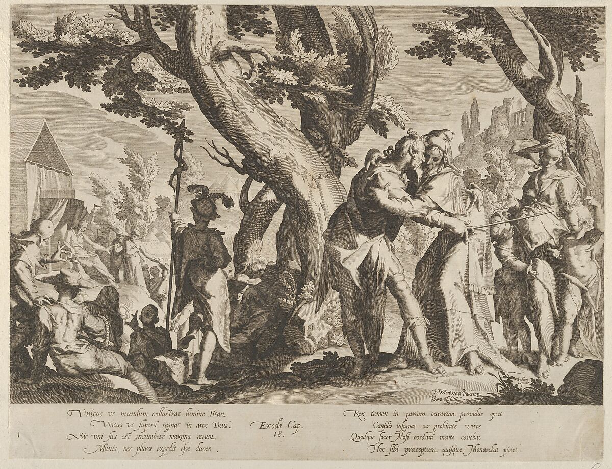 The Meeting of Moses and Jethro, from Thronus Justitiae, tredecim pulcherrimus tabulis..., plate 1, Willem van Swanenburg (Netherlandish, ca. 1581/82–1612), Engraving 