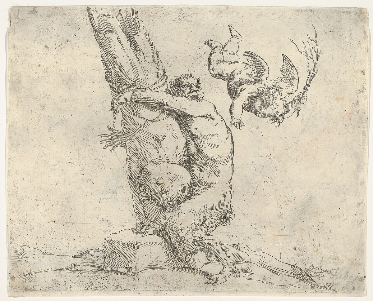 A winged putto flogging a satyr tied to a tree, Attributed to Jusepe de Ribera (called Lo Spagnoletto) (Spanish, Játiva 1591–1652 Naples), Etching 