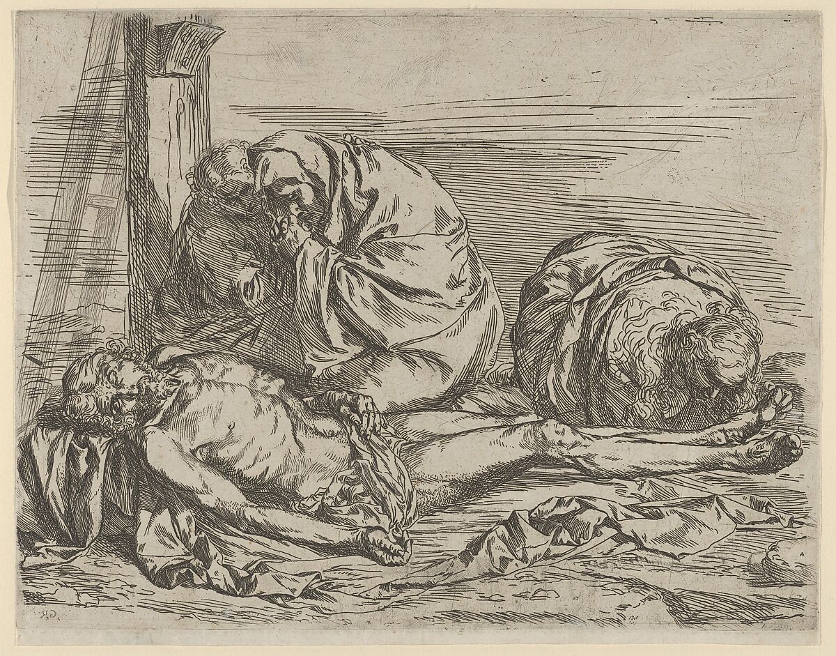 The Virgin, Saint John the Baptist, and Mary Magdalene weeping over Christ's dead body, Formerly attributed to Jusepe de Ribera (called Lo Spagnoletto) (Spanish, Játiva 1591–1652 Naples), Etching and drypoint; second state of two (Brown) 