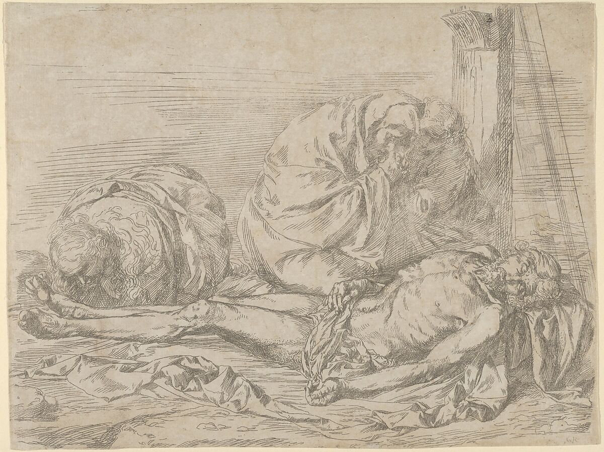 The Virgin, Saint John the Baptist, and Mary Magdalen weeping over Christ's dead body, Formerly attributed to Jusepe de Ribera (called Lo Spagnoletto) (Spanish, Játiva 1591–1652 Naples), Etching and drypoint (counterproof) 