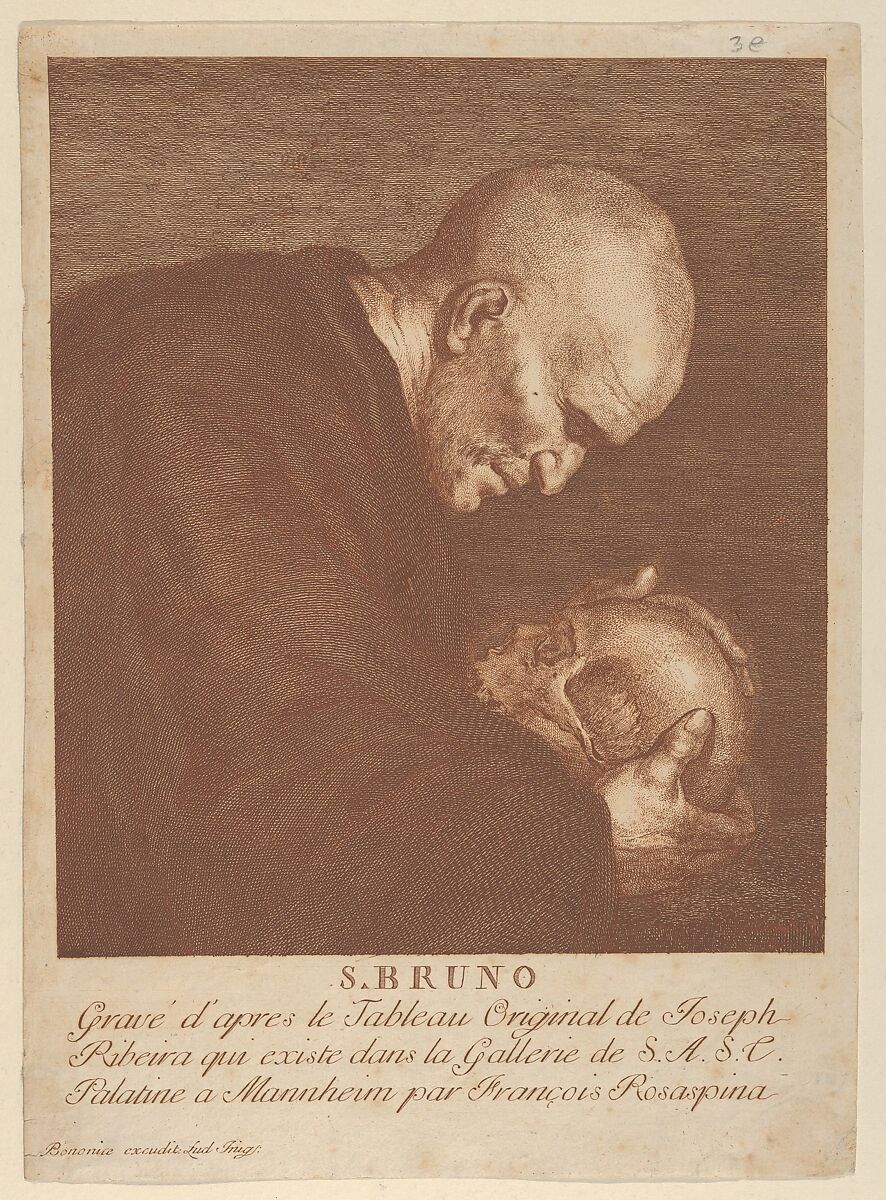 Saint Bruno meditating on a skull, Francesco Rosaspina (Italian, Montescudo 1762–1841 Bologna), Etching in red ink 