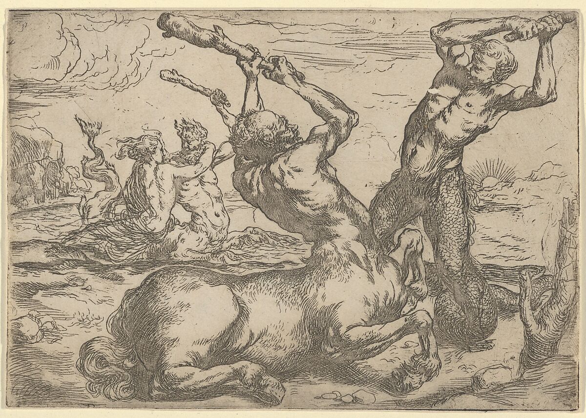 Battle Between a Centaur and a Triton with a Triton, Formerly attributed to Jusepe de Ribera (called Lo Spagnoletto) (Spanish, Játiva 1591–1652 Naples), Etching 
