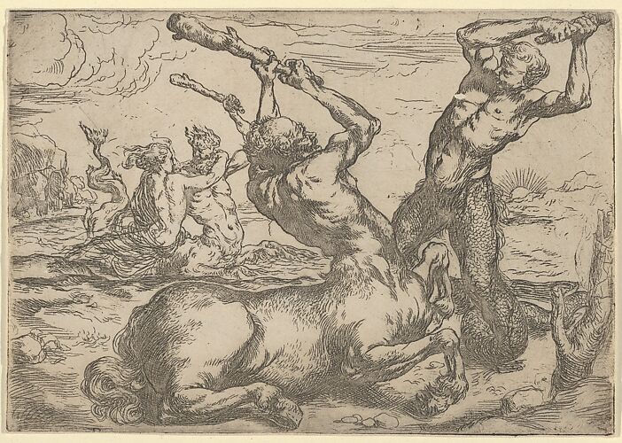 Battle Between a Centaur and a Triton with a Triton