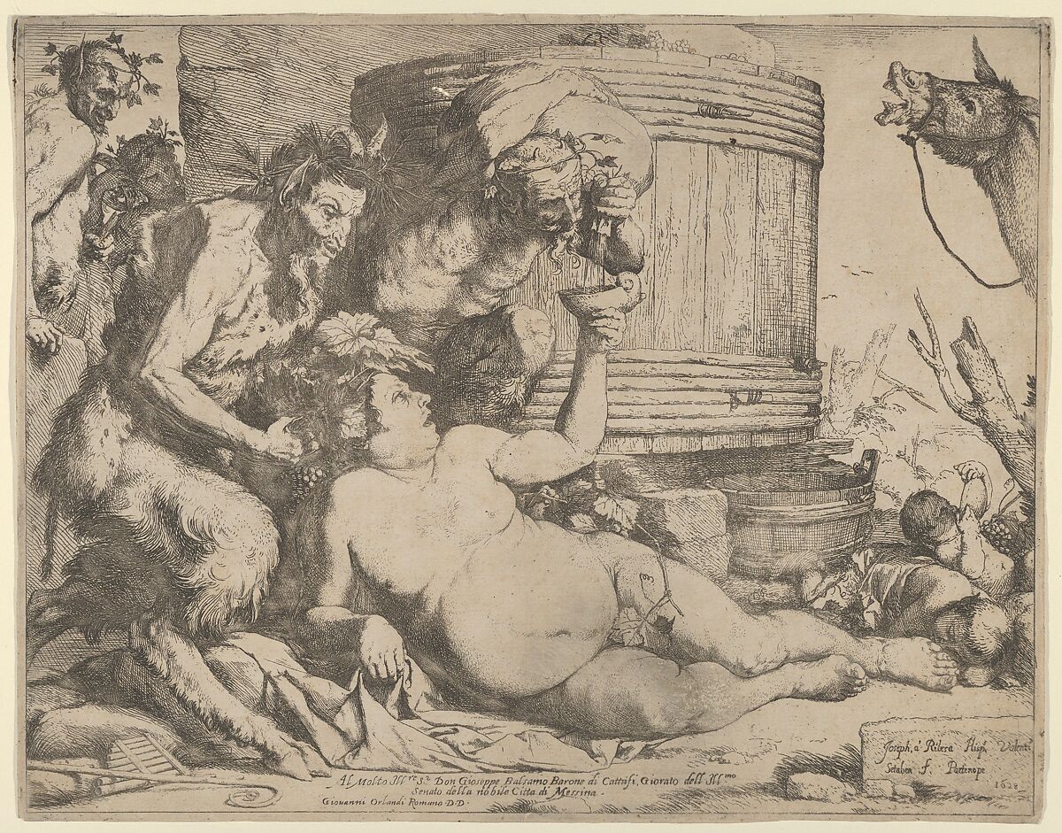 The Drunken Silenus holding a cup aloft into which a Satyr pours wine, Jusepe de Ribera (called Lo Spagnoletto) (Spanish, Játiva 1591–1652 Naples), Etching and engraving 