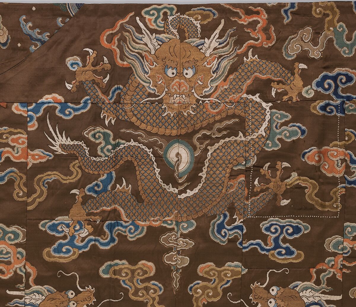 Seven-Panel Buddhist Monk’s Vestment (Shichijō kesa) Made from a Chinese Robe, Silk satin brocaded with silk and metallic thread; silk embroidery, Japan
