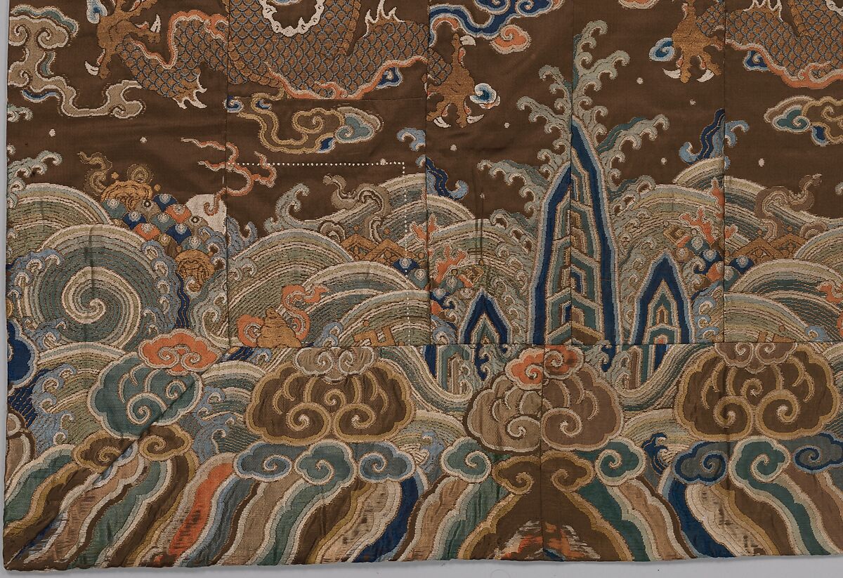 Seven-Panel Buddhist Monk’s Vestment (Shichijō kesa) Made from a Chinese Robe, Silk satin brocaded with silk and metallic thread; silk embroidery, Japan