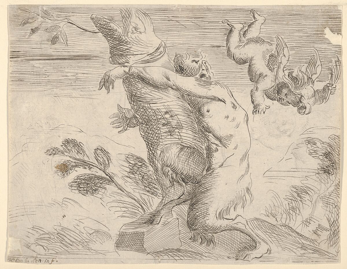 Winged putto whipping a satyr, H. Cooke, Sr. (British, 17th century), Etching (reverse copy) 