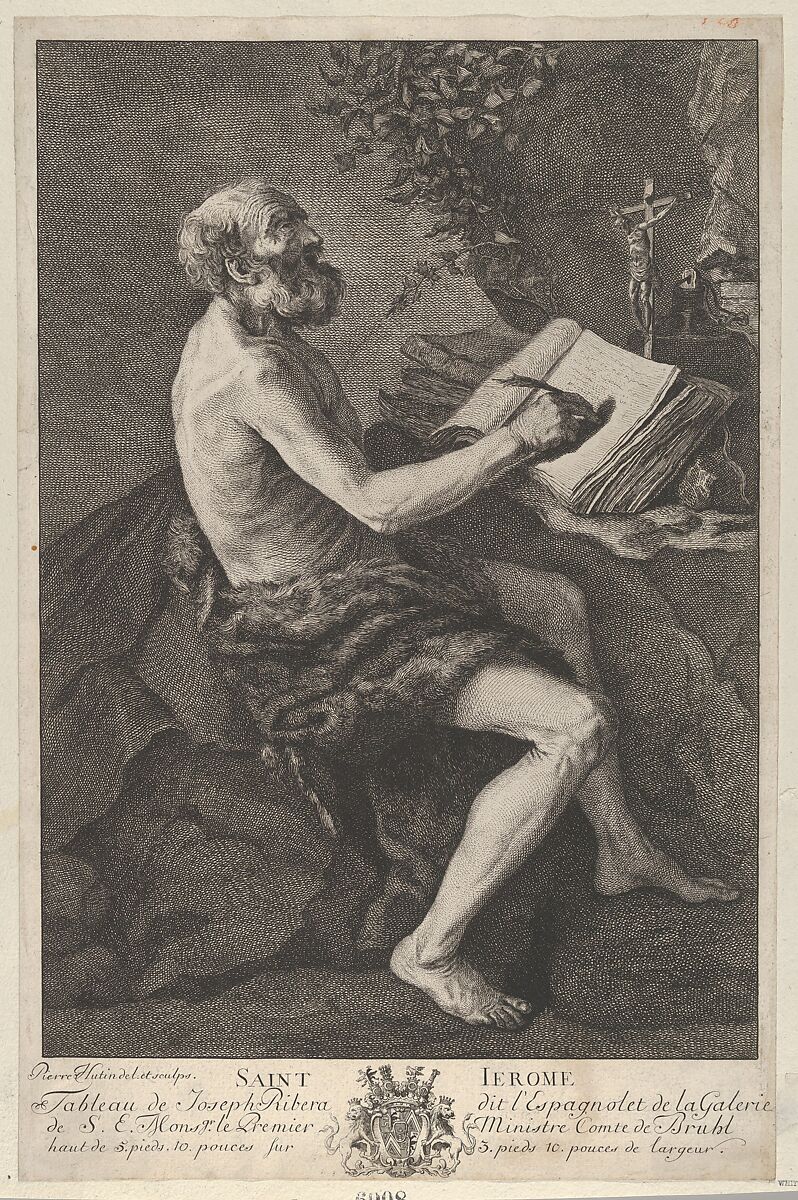 Saint Jerome in the Wilderness, seated, writing and meditating on a crucifix, Pierre Hutin (French, Paris 1720–1763 Moscow), Etching and engraving 