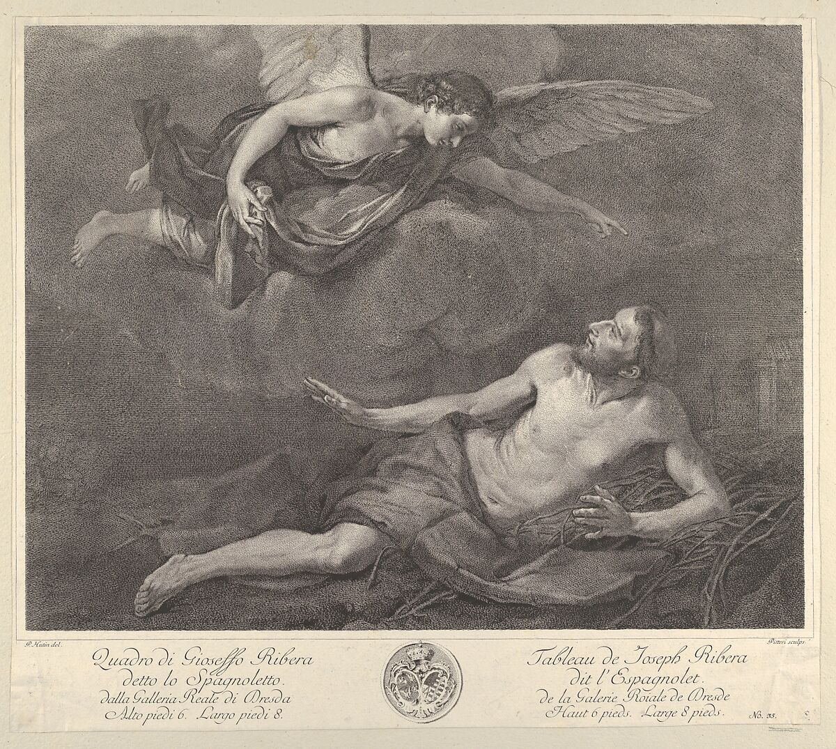 Saint Francis visited by the Angel, from 'Recueil d'estampes d'après les plus célèbres tableaux de la Galerie Royale de Dresde', Marco Alvise Pitteri (Italian, Venice 1702–1786 Venice), Etching 