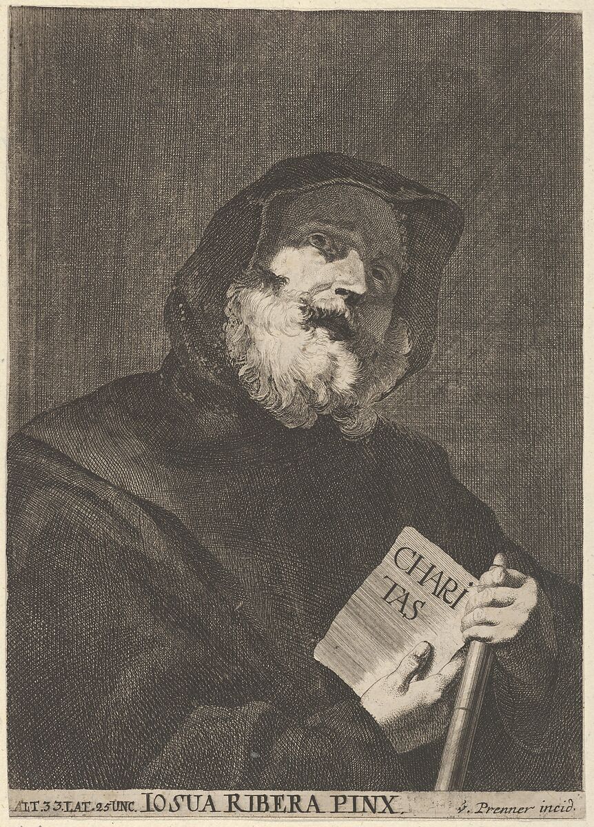 Saint dressed in a hooded cloak, holding  book with the inscription "CHARITAS"  from a portfolio of reproductions of the Imperial Gallery of Paintings in Vienna; plate 41 of the series, Giorgio Gasparo de Prenner (Italian, active 1750–1800), Etching 