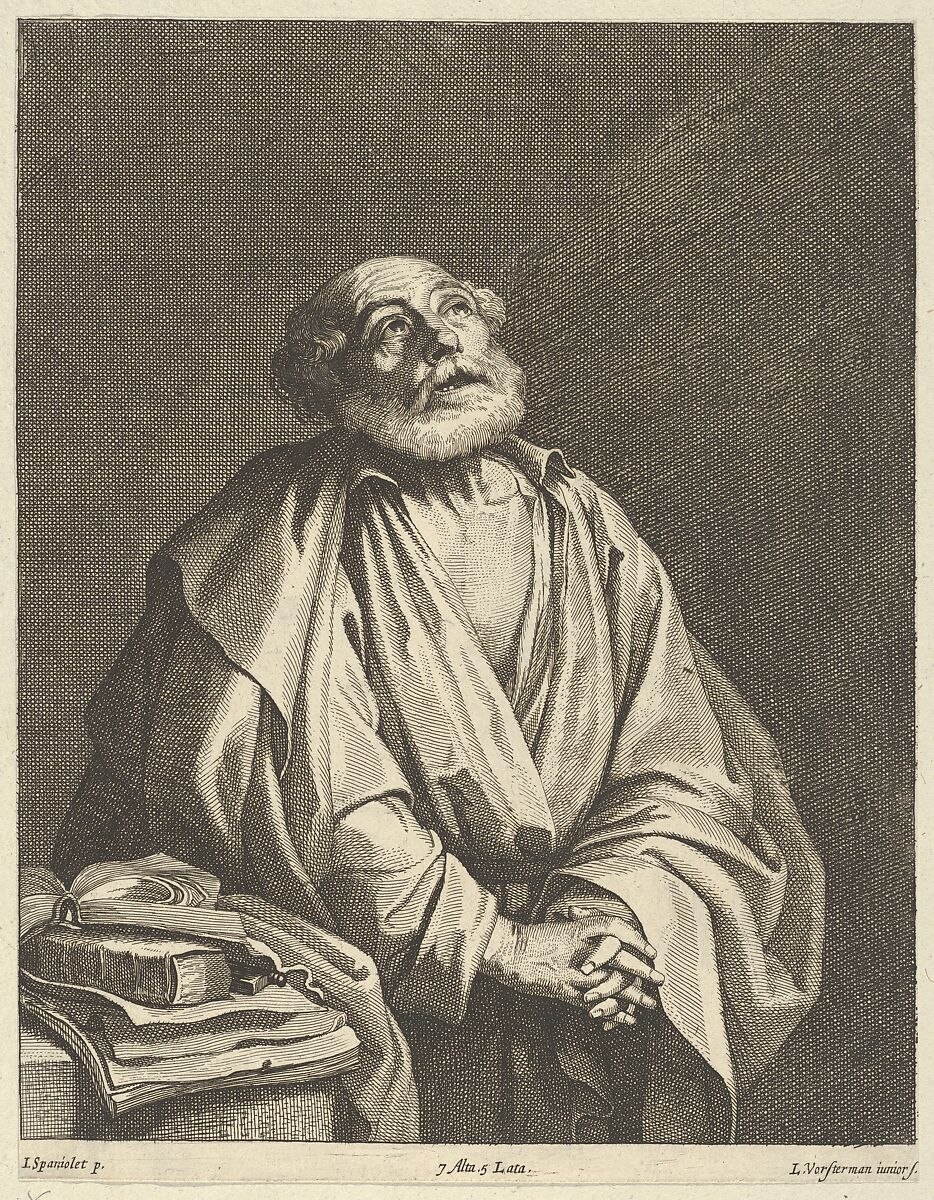 Saint Peter in prayer, looking upwards and to the right, Lucas Vorsterman II (Flemish, Antwerp 1624–after 1666 Antwerp), Etching 